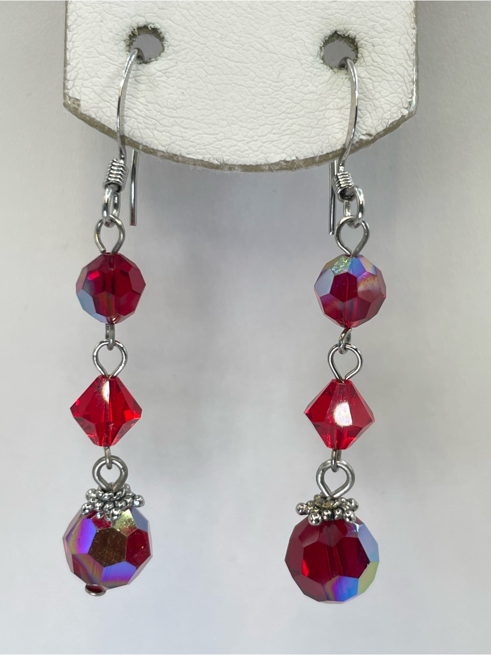 Red Crystal Glass Dangle Earrings Silver Tone AB Beaded Statement Drop